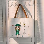 Personalized Graduation Cartoon Character Birth Flower Canvas Large Tote Bag with Name and Leather Handle Travel Accessories Birthday Gift for Women