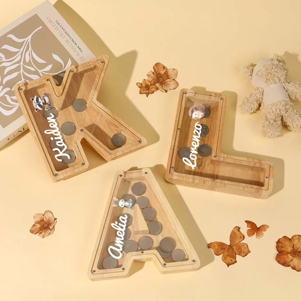 Personalised Cute Animal Name Initial Shape Wooden Money Box Piggy Bank with Clear Window Kid Room Educational Decor Birthday Gift for Boys Girls