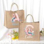 Personlig söt rosa fantasy sjöjungfru flicka stor kapacitet jute tote väska med initialer och namn resetillbehör födelsedagspresent för flickor
