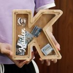 Hucha de madera con forma de inicial de animal con ventana transparente Decoración educativa para habitación infantil Regalo de cumpleaños para niños Niñas