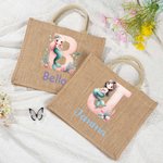 Personlig söt rosa fantasy sjöjungfru flicka stor kapacitet jute tote väska med initialer och namn resetillbehör födelsedagspresent för flickor