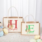 Personalized Cute Easter Bunny Large Jute Tote Bag with Initial and Name Happy Easter Eggs Hunting Birthday Gift for Kids Family