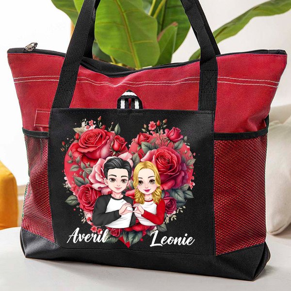 Personalizada Corazón Flor Caricatura Personaje Grande Bolsa Tote con Nombres y Bolsillo de Malla Día de San Valentín Aniversario Regalo para Mujeres