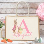 Personalized Cute Easter Bunny Large Jute Tote Bag with Initial and Name Happy Easter Eggs Hunting Birthday Gift for Kids Family