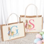 Personalized Cute Easter Bunny Large Jute Tote Bag with Initial and Name Happy Easter Eggs Hunting Birthday Gift for Kids Family