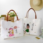 Personalised Birth Flower Bachelor Hat Cartoon Character Canvas Tote Bag with Leather Handle and Name Graduation Celebration Gift For Women Girls