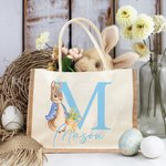 Personalized Cute Easter Bunny Large Jute Tote Bag with Initial and Name Happy Easter Eggs Hunting Birthday Gift for Kids Family