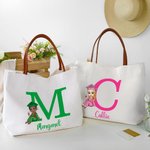 Vestido de Graduación Personalizado Cartoon Character Initial Large Canvas Tote Bag with Name and Leather Handle Graduation Blessing Gift for Graduate Women
