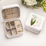 Personalized Gold-Edged Birth Flower PU Leather Jewelry Box with Name Portable Travel Essential Birthday Gift for Women