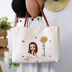 Personalised Birth Flower Bachelor Hat Cartoon Character Canvas Tote Bag with Leather Handle and Name Graduation Celebration Gift For Women Girls