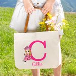 Vestido de Graduación Personalizado Cartoon Character Initial Large Canvas Tote Bag with Name and Leather Handle Graduation Blessing Gift for Graduate Women