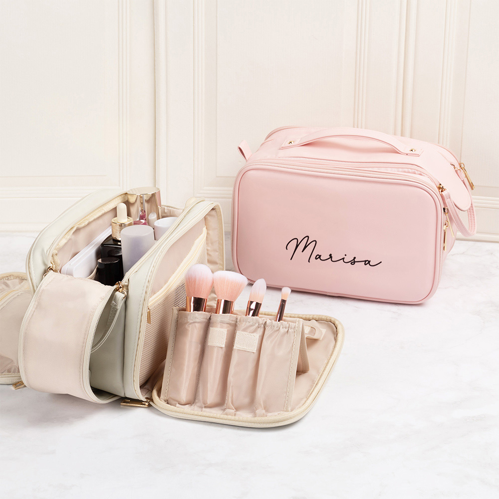 Sac de maquillage en cuir multi-compartiments avec porte-pinceau pour le maquillage Cadeau d'anniversaire pour les femmes