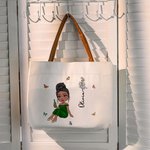 Personalised Birth Flower Bachelor Hat Cartoon Character Canvas Tote Bag with Leather Handle and Name Graduation Celebration Gift For Women Girls