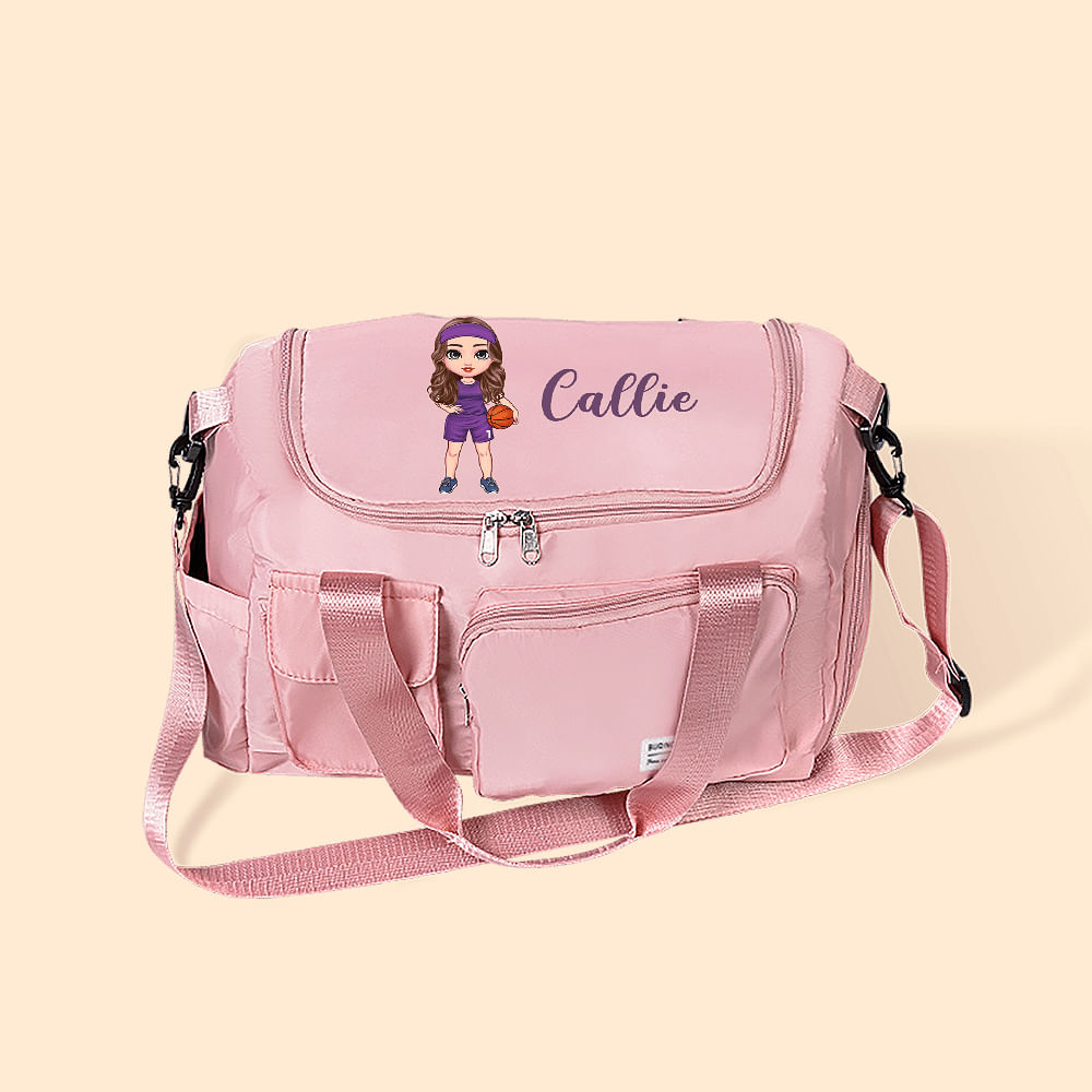 Nom de la fille basket-ball cartoon personnalisé Grand sac de sport imperméable avec compartiment et bandoulière Cadeau d'anniversaire pour les amateurs de basket-ball