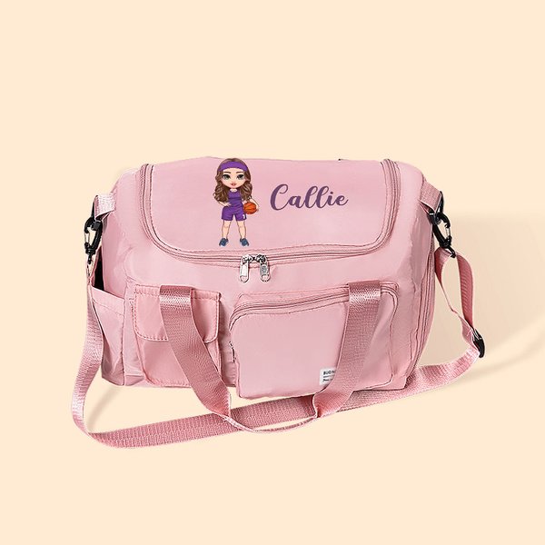 Nom de la fille basket-ball cartoon personnalisé Grand sac de sport imperméable avec compartiment et bandoulière Cadeau d'anniversaire pour les amateurs de basket-ball