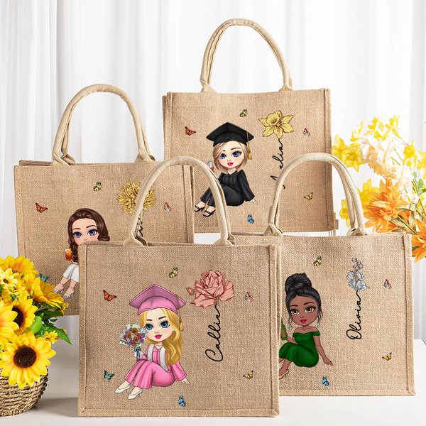 Personalisierte Schmetterling Cartoon Charakter wiederverwendbare Jute Tragetasche mit Geburt Blume und Name Graduierung Geburtstag Geschenk für Mädchen Freunde