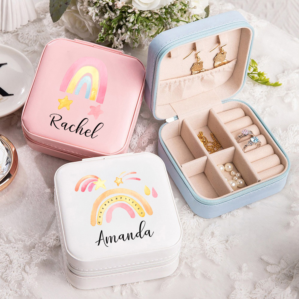 Coffret à bijoux en cuir arc-en-ciel personnalisé avec nom Coffret à bijoux de voyage Anniversaire Saint-Valentin Cadeau pour femmes