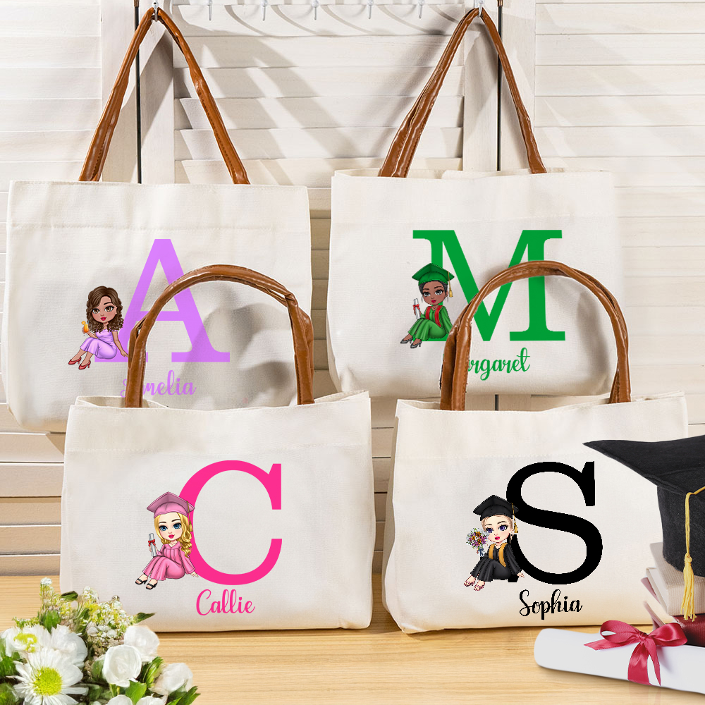 Robe de graduation personnalisée Cartoon Character Initial Large Canvas Tote Bag with Name and Leather Handle Graduation Blessing Gift for Graduate Women