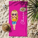 Asciugamano da spiaggia muticolore personalizzato con nome fiore di nascita e personaggio essenziale per vacanze regalo per amica