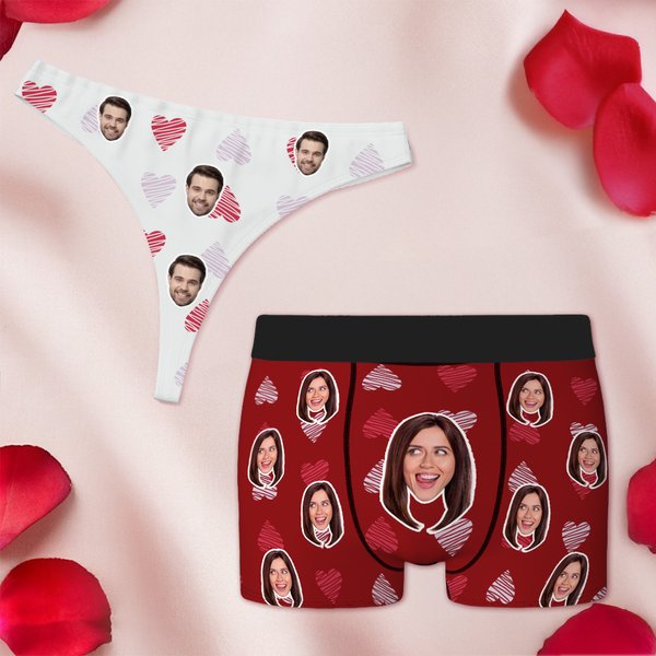 Personalized Multicolor Line Love Couple Face Photo Design Breathable Thong Brief Boxer Underwear Set Valentine's Day Anniversary Gift for Men Women
