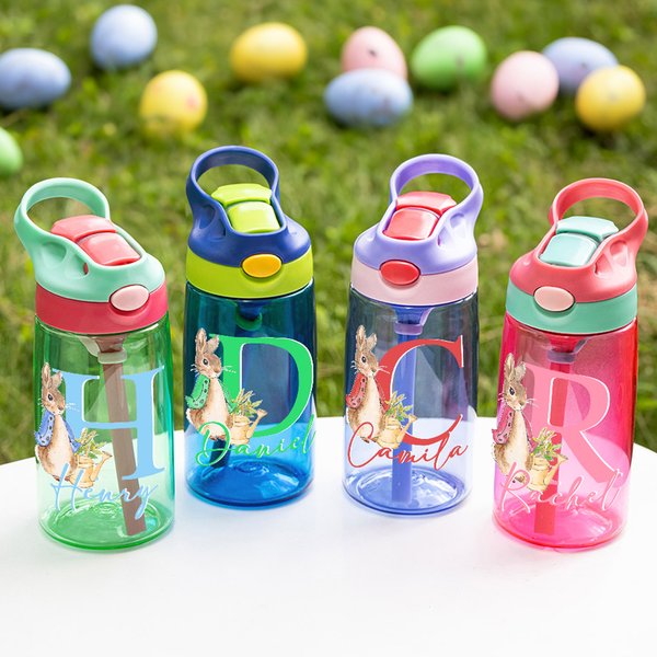 Gepersonaliseerd schattig Bunny 16 oz Kid waterfles met initiaal naam en rietje Pasen verjaardagscadeau voor jongens meisjes