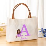 Vestido de Graduación Personalizado Cartoon Character Initial Large Canvas Tote Bag with Name and Leather Handle Graduation Blessing Gift for Graduate Women