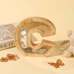 Hucha de madera con forma de inicial de animal con ventana transparente Decoración educativa para habitación infantil Regalo de cumpleaños para niños Niñas