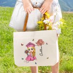 Personalised Birth Flower Bachelor Hat Cartoon Character Canvas Tote Bag with Leather Handle and Name Graduation Celebration Gift For Women Girls