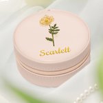 Personalized Gold-Edged Birth Flower PU Leather Jewellery Box with Name Portable Travel Accessories Birthday Anniversary Gift for Women Girls