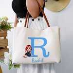 Vestido de Graduación Personalizado Cartoon Character Initial Large Canvas Tote Bag with Name and Leather Handle Graduation Blessing Gift for Graduate Women