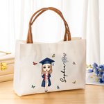 Personalized Graduation Cartoon Character Birth Flower Canvas Large Tote Bag with Name and Leather Handle Travel Accessories Birthday Gift for Women
