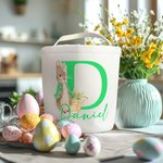 Conejito personalizado con inicial y nombre Cesta de caramelos grande de lona con asa Divertida caza de huevos de Pascua Regalo para niños Niñas