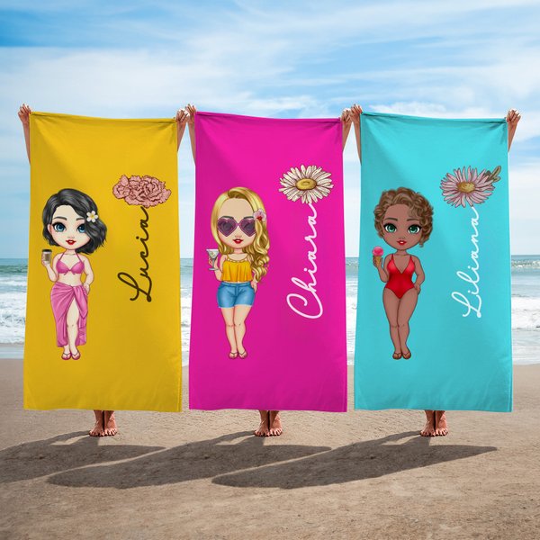 Asciugamano da spiaggia muticolore personalizzato con nome fiore di nascita e personaggio essenziale per vacanze regalo per amica