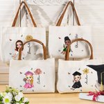 Personalised Birth Flower Bachelor Hat Cartoon Character Canvas Tote Bag with Leather Handle and Name Graduation Celebration Gift For Women Girls