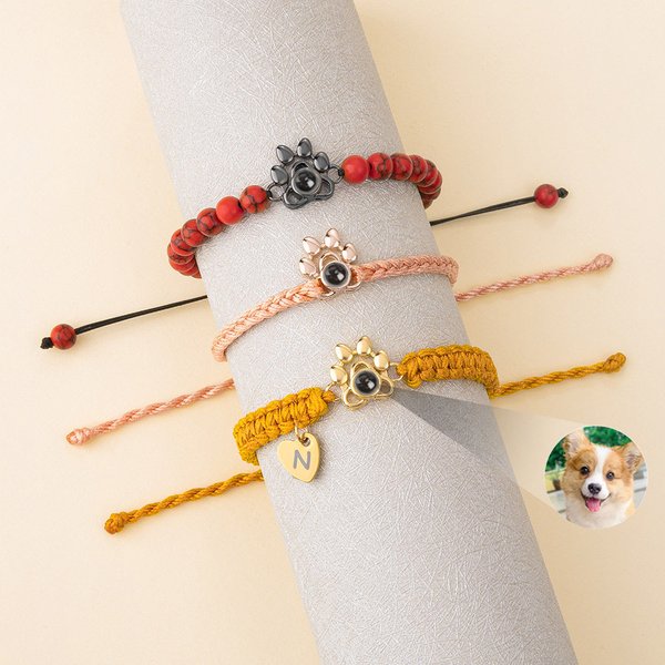 Personalized Dog Paw Print Photo Projection Braided or Beaded Elastic Bracelet Memorial Sympathy Keepsake Gift for Loss of Pet