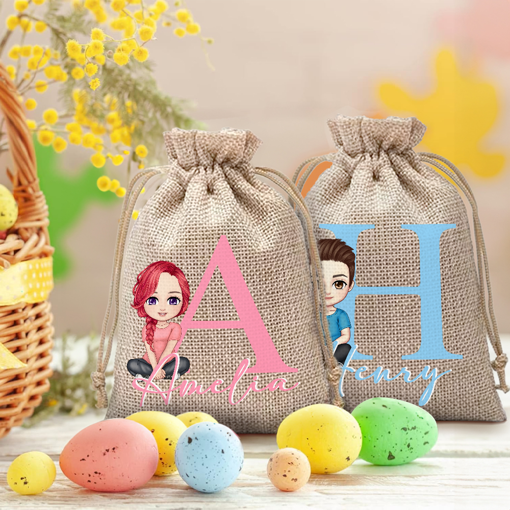 Sac à bonbons en toile de jute personnalisé avec le nom du personnage initial de Pâques Fête de Pâques Favors Cadeau pour Garçons Filles
