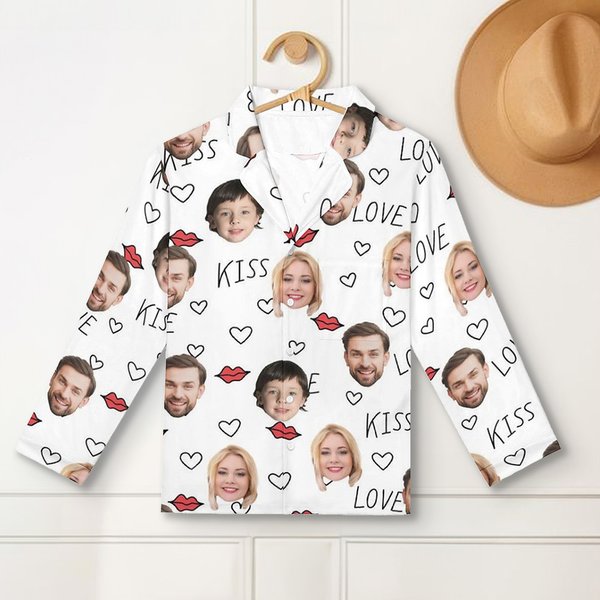 Personalised Kiss Love 1-3 Face Photos Unisex Long Sleeve Soft Pajamas Set Valentine's Day Anniversary Birthday Gift for Couples