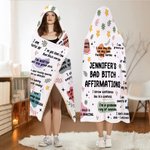 Personalised Bad Bitch Affirmations Rebellion Description Soft Hooded Blanket with Name Inspiring Birthday Gift for Women