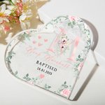 Gepersonaliseerde Bloemen Initiaal Hartvormige Acrylplaat met Naam en Tekst Doop Verjaardagscadeau voor Pasgeborenen