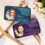 Portafoglio in pelle PU con scomparti multipli personalizzato con nome corona di fiori e personaggio regalo di compleanno per donne