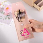 Personalised Cartoon Character Initial Leather Makeup Brush Bag with Name and 8 Pcs Makeup Brushes Graduation Travel Essentials Gift for Woman