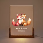 Personalised Boho Woodland Hedgehog Deer Couple Names LED Night Light with Wooden Base Cute Room Decor Valentine's Day Anniversary Gift for Couple