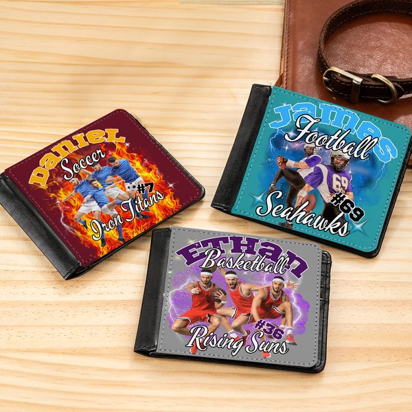 Personalized Colored Flame Lightning 1-5 Photo Collage Men's Leather Wallet with Name and Number Birthday Travel Accessories Gift for Sport Lover