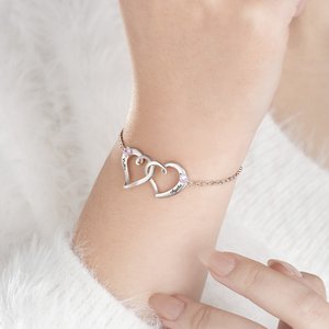 Personalisiertes Sterling Silber Armband mit Ineinandergreifenden Herzen Geburtssteinen Namen-Gravur Valentinstag Jahrestag Geschenk für Damen