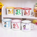 Personalised Cute Cartoon Character 12oz Enamel Mug with Name and Initial Back to School Birthday Gift for Family Kids