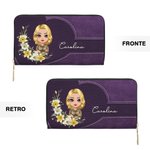 Portafoglio in pelle PU con scomparti multipli personalizzato con nome corona di fiori e personaggio regalo di compleanno per donne