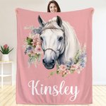 Personalized Watercolor Illustration Floral Horse Soft Throw Blanket with Name Multicolor Home Decor Holiday Birthday Gift for Horse Lovers