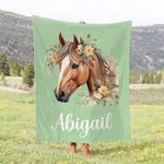 Personalized Watercolor Illustration Floral Horse Soft Throw Blanket with Name Multicolor Home Decor Holiday Birthday Gift for Horse Lovers