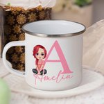 Personalised Cute Cartoon Character 12oz Enamel Mug with Name and Initial Back to School Birthday Gift for Family Kids
