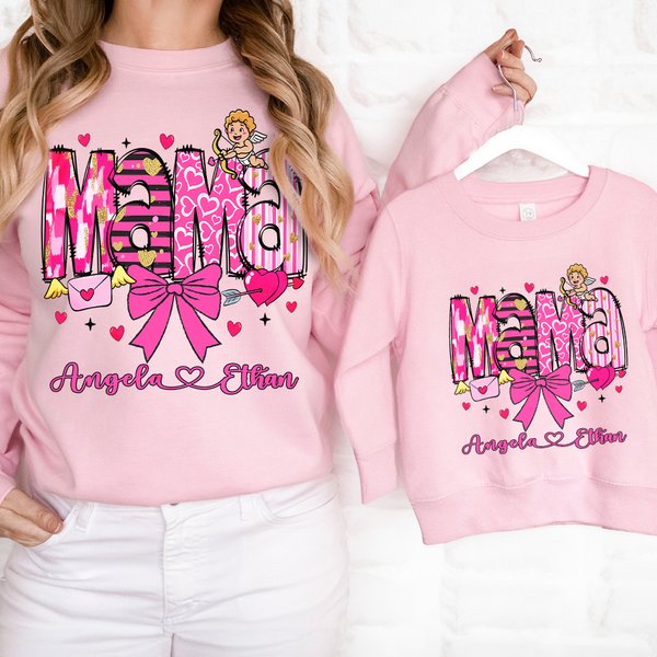 Personalized Cupid Bow Heart Multicolor Baby Bodysuit T-shirt Sweatshirt Matching Outfit with Names Valentine's Day Mother's Day Gift for Mom Kid Baby